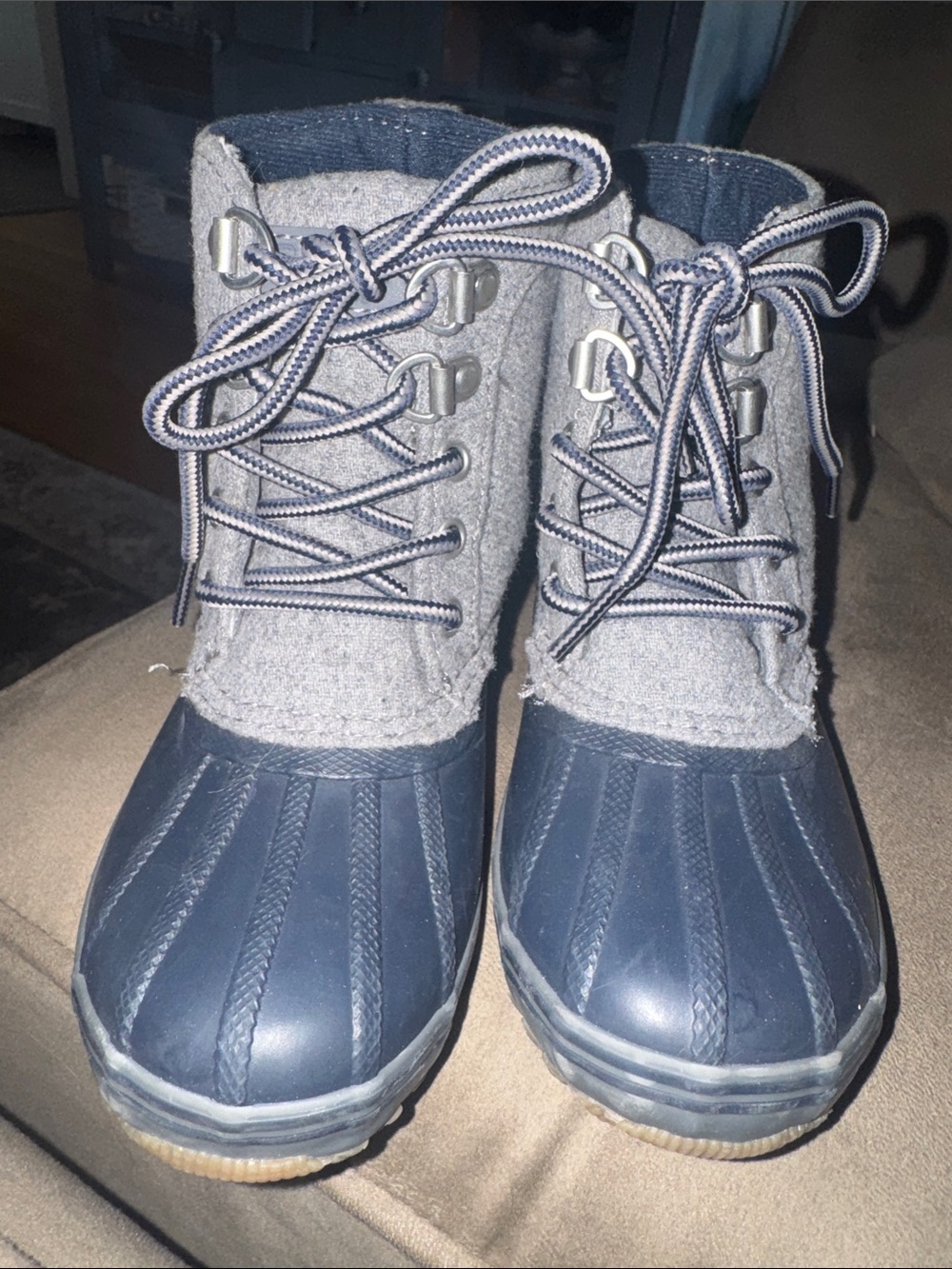 Sperry Gray Wool and Black Duck Boot Detail